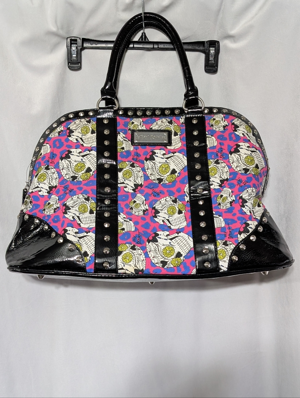 Betsey Johnson Y2K Studded Sugar Skull Pink Leopard Print Weekender Handbag